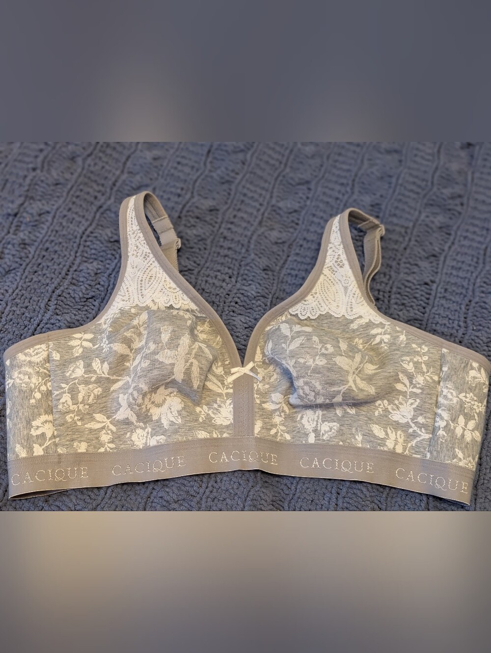 Cacique Soft Gray Floral Unlined, Full Coverage Wire-Free Lace-Trim Bra, 44C